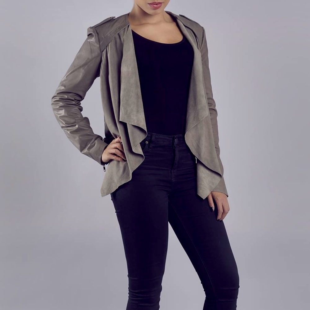 Muubaa London 
Lupus Cement Grey Leather-Suede Drape Biker Jacket